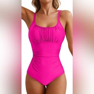 Aleumdr Rose Red Ruched Tummy Control Criss Cross High Cut Swimsuit Women’s XL